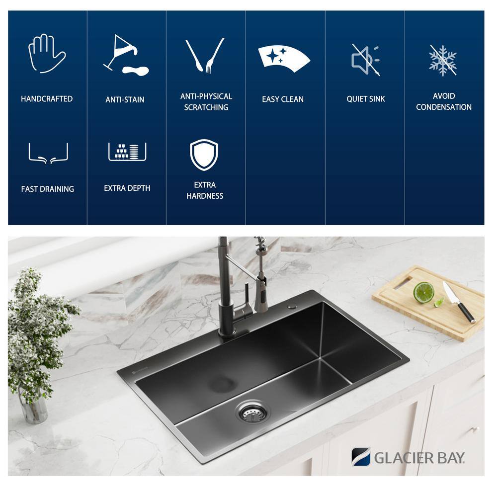 Glacier Bay Gunmetal Black Stainless Steel 33 in. 18 Gauge Single Bowl Dual Mount Kitchen Sink ACS3322A1T