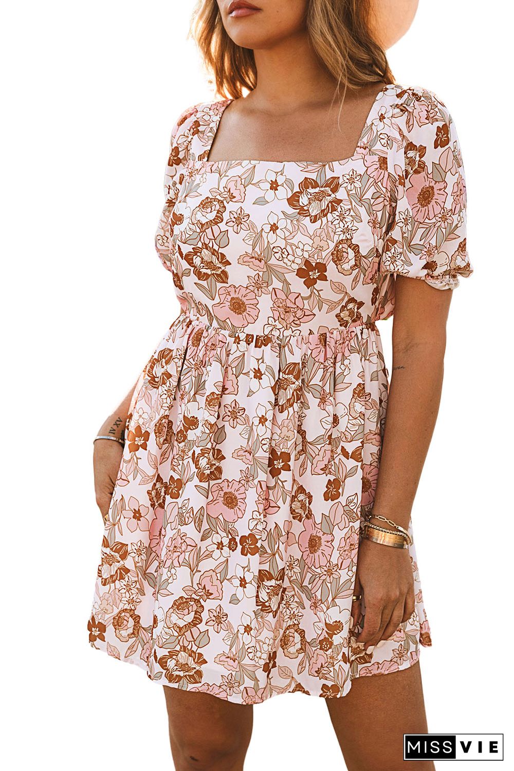 White Floral Print Bow Knot Backless Square Neck Mini Dress