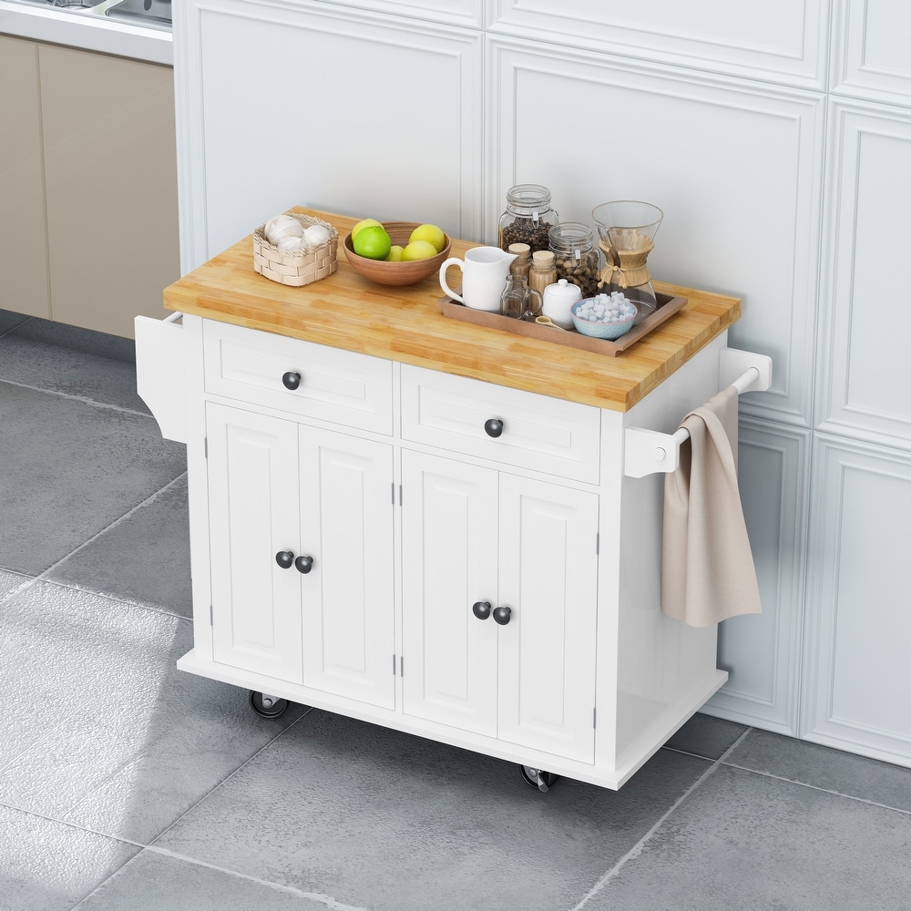 Kitchen Island Cart with Storage Cabinets and Locking Wheels  Wood 4 Door Cabinet and Two Drawers  Spice Rack Towel Rack