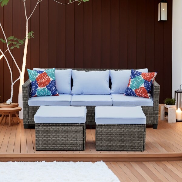 Zenova Outdoor Wicker Patio Conversation Sets With Ottoman，Cushioned Rattan Patio Furniture