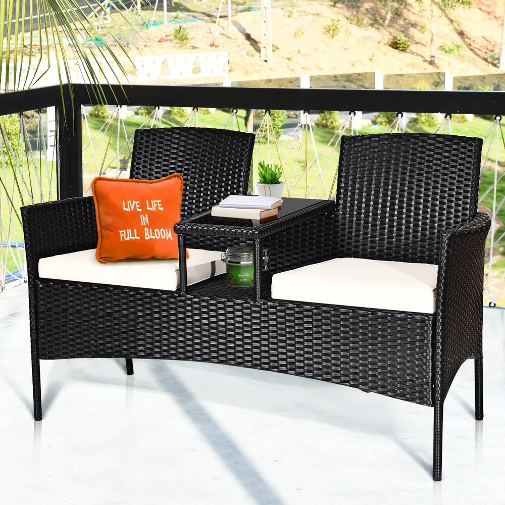 Costway Patio Rattan Conversation Set Seat Sofa Cushioned Loveseat