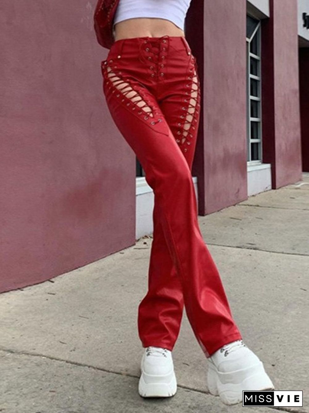 Cutout Lace Up Pu Leather Pants