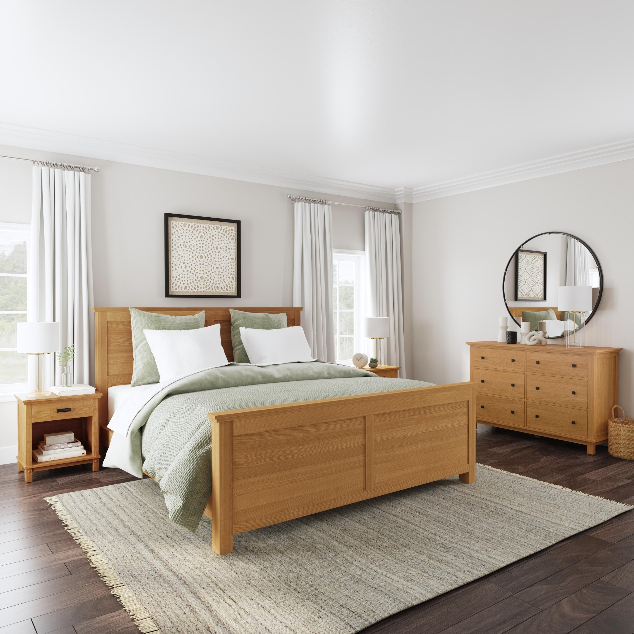 Homestyles 4-Piece Oak Park Brown Wood King Bed， Two Nightstands and Dresser Set - - 36579294