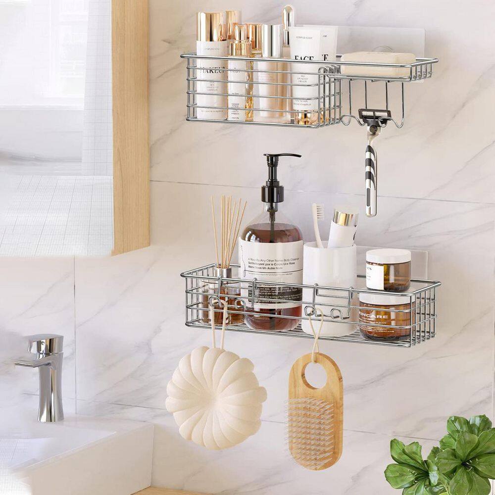 Dracelo Wall Mounted Bathroom Shower Caddies Coner Storage Shelves with Soap Dish and Hooks in Silver 2-Pack B081RMQ854