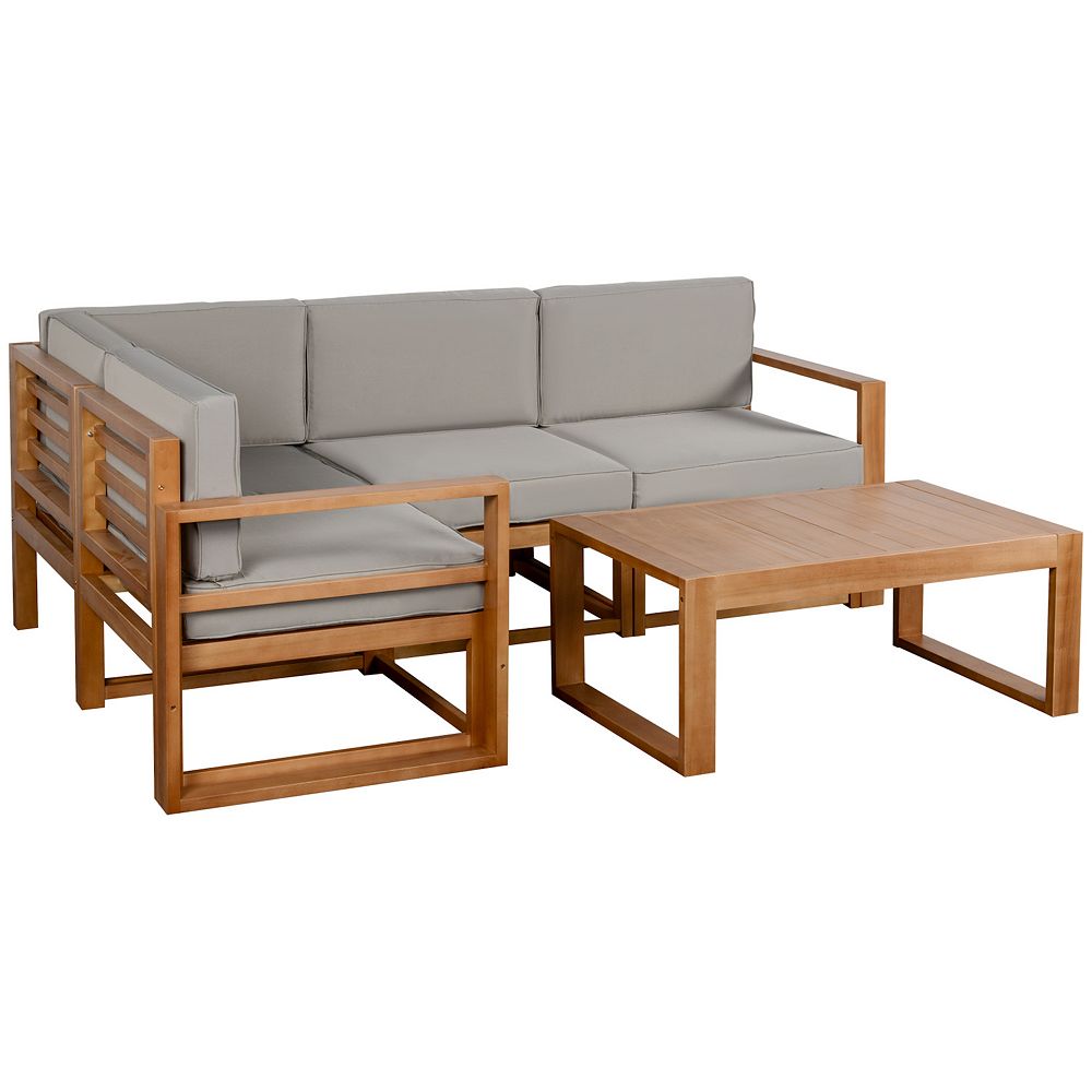 Outsunny 4 Seater L Shaped Patio Furniture Set， Wood Outdoor Sectional Sofa Conversation Set with Coffee Table and Cushions for Garden， Backyard， Porch and Poolside， Grey