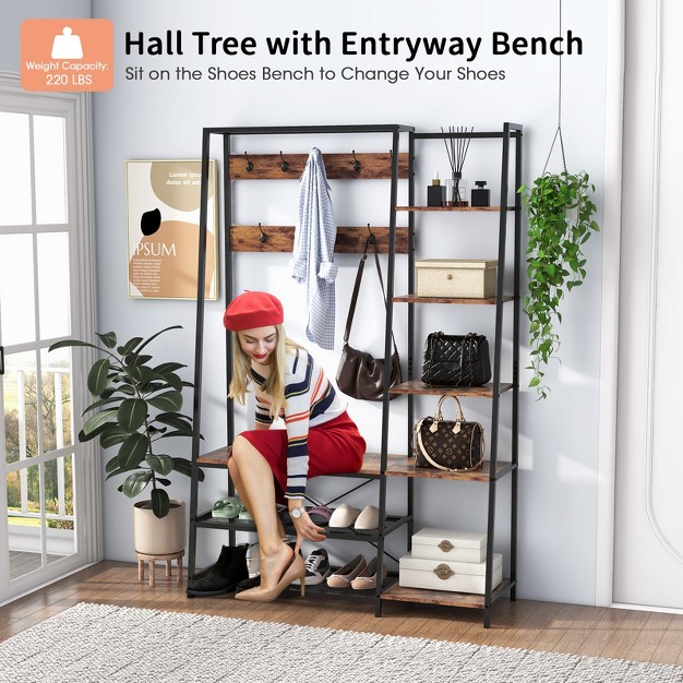 Tangkula Hall Tree With Storage Bench 5 in 1 Freestanding Coat Rack W 9 Hooks 5 Side Shelves 2 Mesh Shoe Shelves