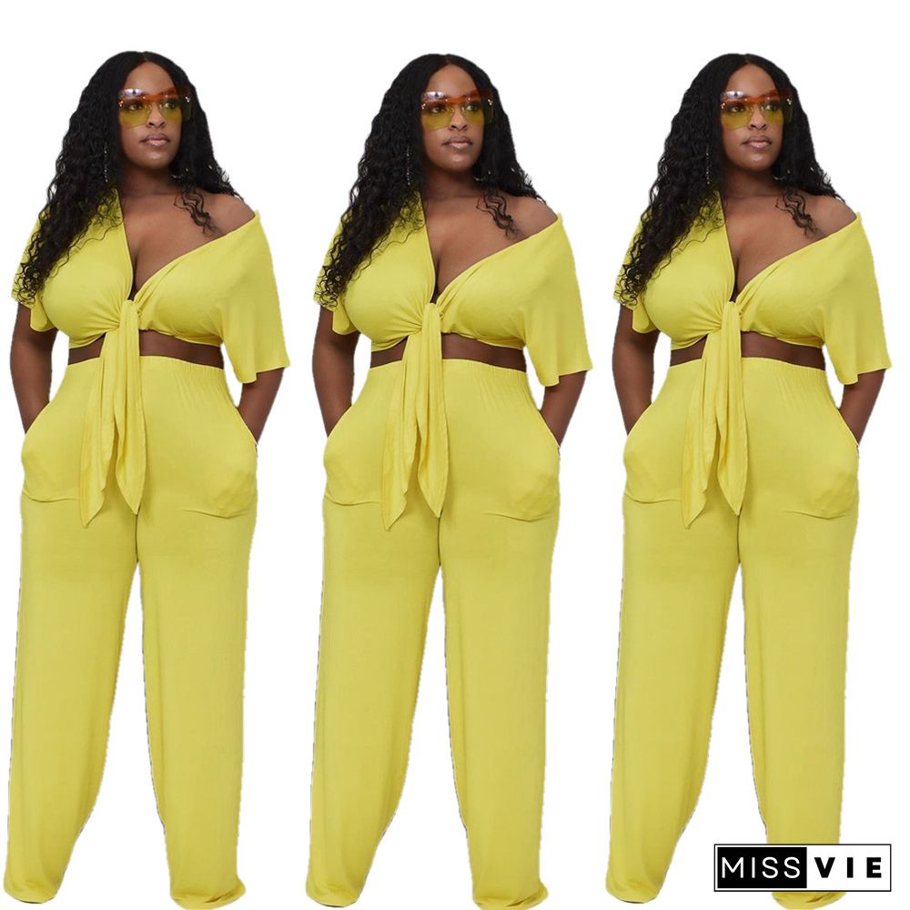 Deep V Bandage Crop Top Wide Leg Pants Set