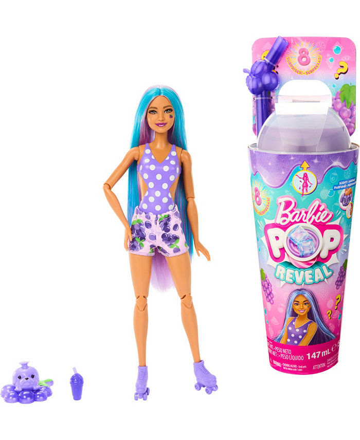 Barbie Pop Reveal Fruit Series Grape Fizz Doll 8 Surprises Include Pet Slime Scent and Color Change