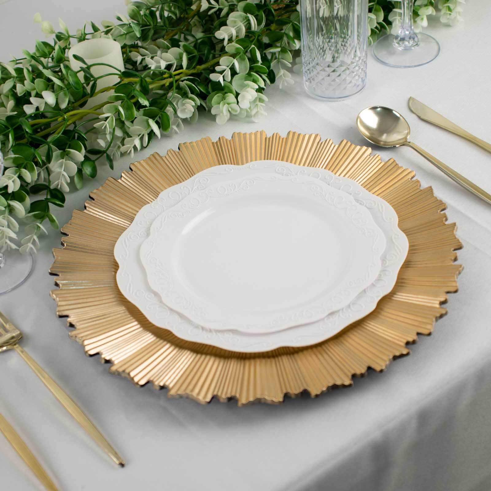 6 Pack Metallic Gold Sunray Acrylic Plastic Serving Plates, Round Scalloped Rim Disposable Charger Plates 13