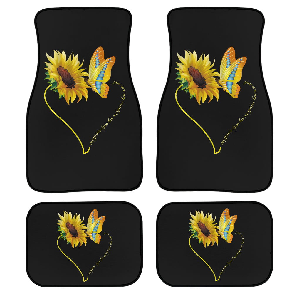 Xoenoiee Auto Carpet Sunflower and Butterfly in Heart Shape Design Universal Fit Car Floor Mats All Weather Protection Fit for Sedan， SUVs， Truck， Vans Set of 4， Black