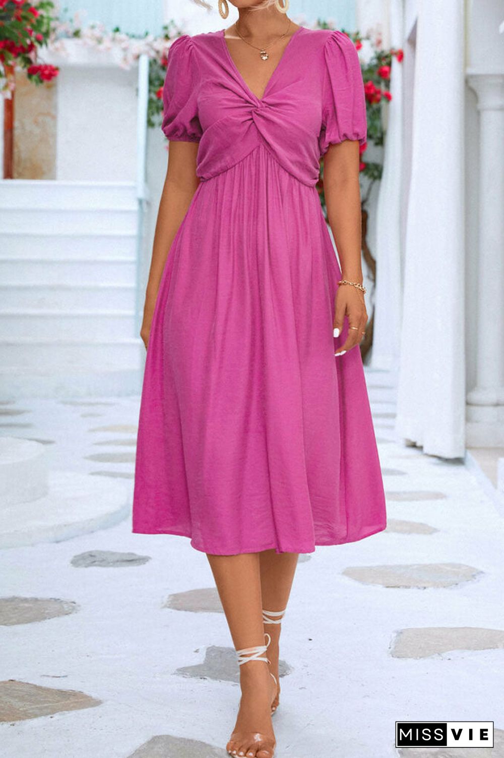 Solid V Neck front twist Midi Dress