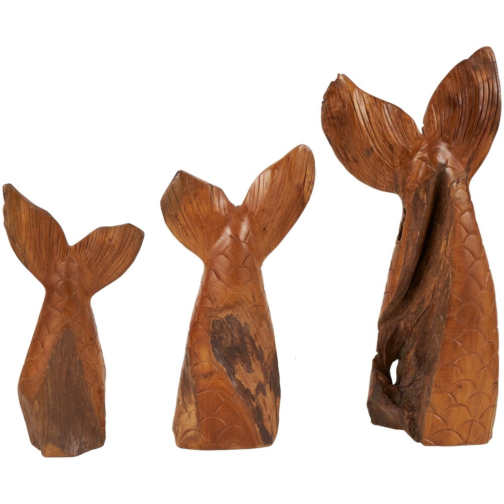 Brown Teak Wood Handmade Tail Live Edge Whale Sculpture with Intricate Carvings (Set of 3)