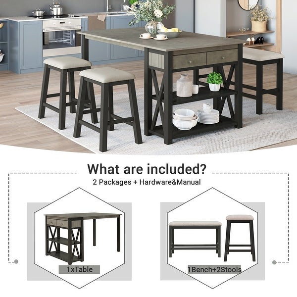 4-Piece X-Design Wood Counter Height Dining Table Set with Upholstered StoolandBench， Kitchen Dining Set with 2 Drawerand2 Shelf