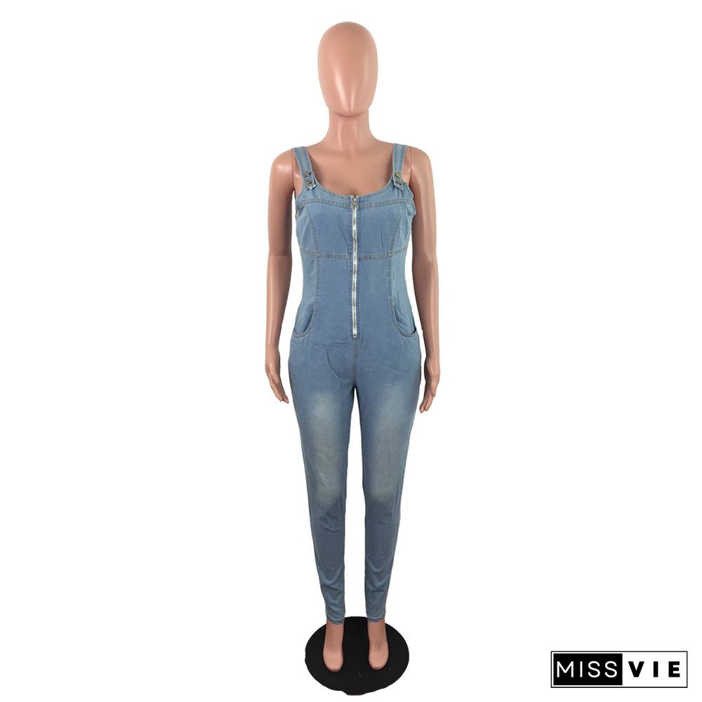 Zipper Front Sleeveless One Piece Denim Jumpsuit