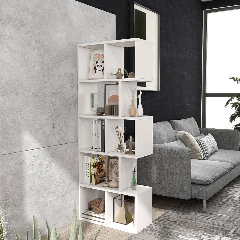 5 Tiers 63 Inch Tall Geometric Wooden Bookshelf with 8 Display Shelves-White