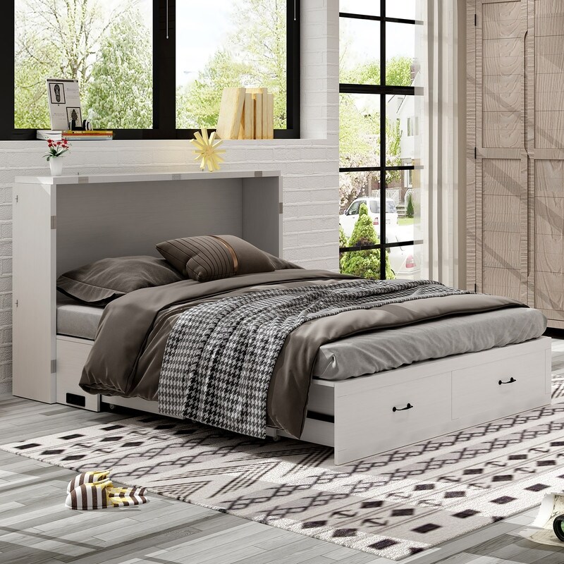 Mixoy Hidden Murphy Chest Bed with USB Ports Drawers Convertible Folding Horizontal Cabinet Bed with Mattress