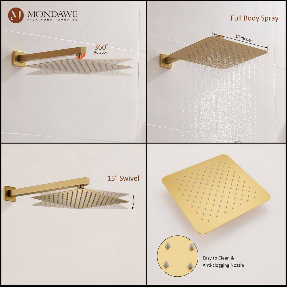 Mondawe 2-Spray Patterns 12 in. Wall Mount Rainfall Dual Shower Heads with Thermostatic Bathroom Showers in Gold WF6647-12BG