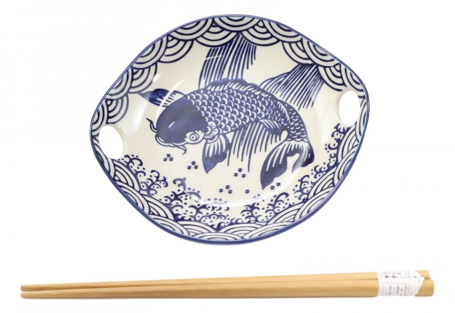 1 Blue White Koi Fish Small Appetizer Coupe Plate Flat Bowl With Chopsticks Set EBR02