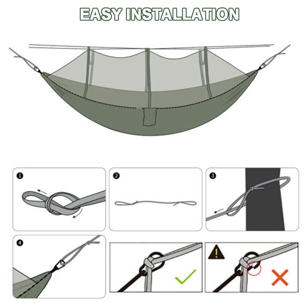 IClover Portable 2 Persons Outdoor Camping Jungle with Mosquito Net Garden Hanging Nylon Bed Hammock Swing Bug Net Cot for Relaxation, Traveling, Outside Leisure Green