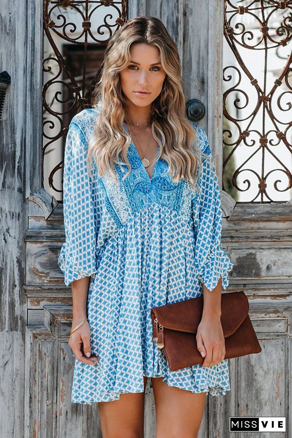 Sky Blue V Neck 3/4 Sleeve Bohemian Vintage Print Mini Dress