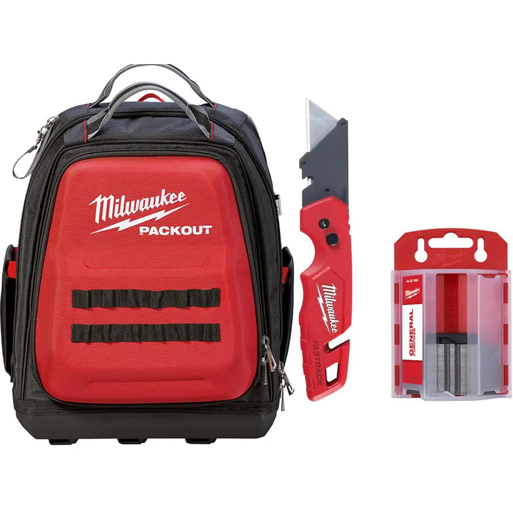 Milwaukee 15 in. Packout Backpack with Fastback Folding Utility Knife and 50-Pack General Purpose Utility Blade Set