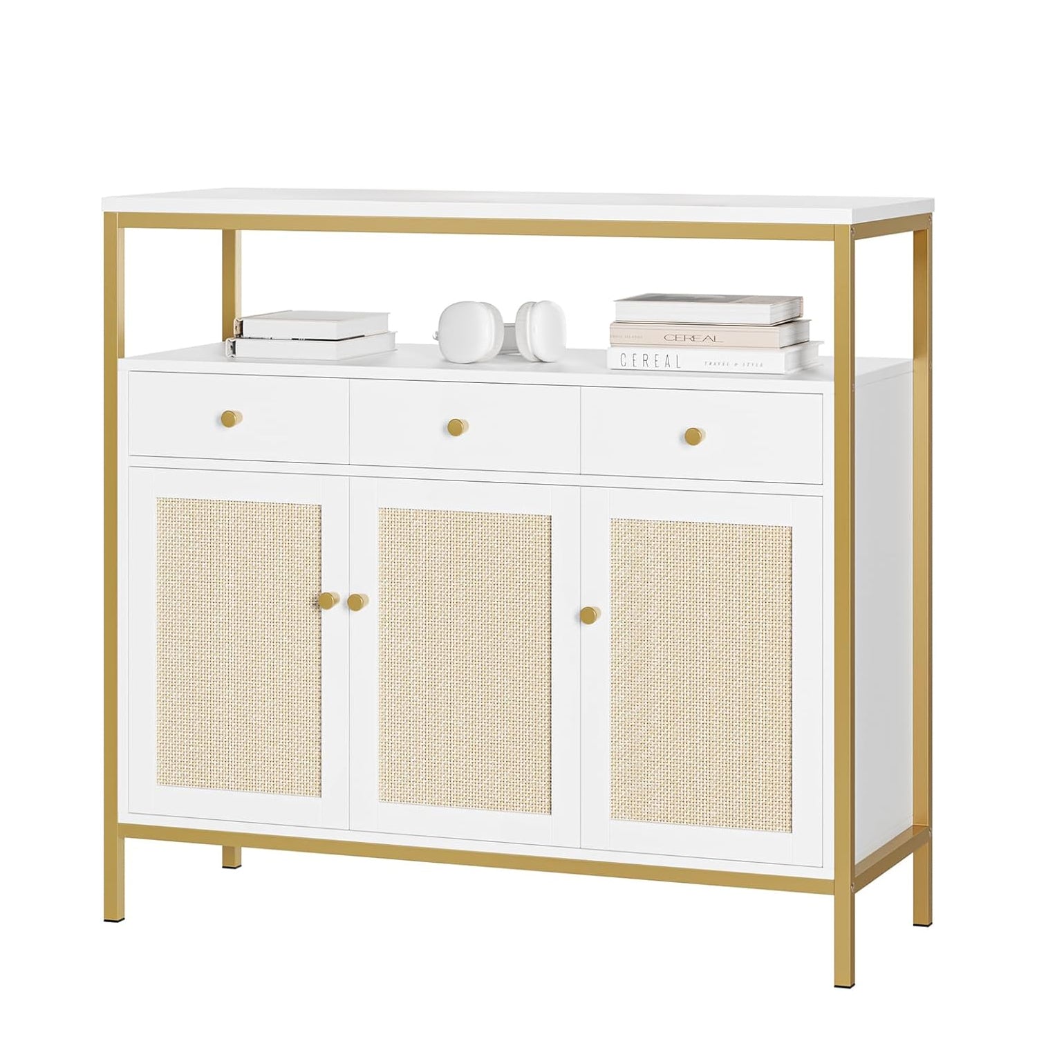 43.3 Inch White Rattan Kitchen Cabinet Dining Sideboard, Buffet Cabinet with Storage