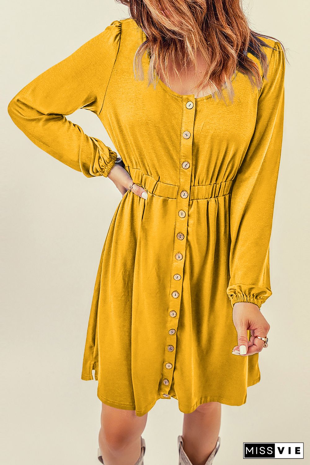 Yellow Button Up High Waist Long Sleeve Dress