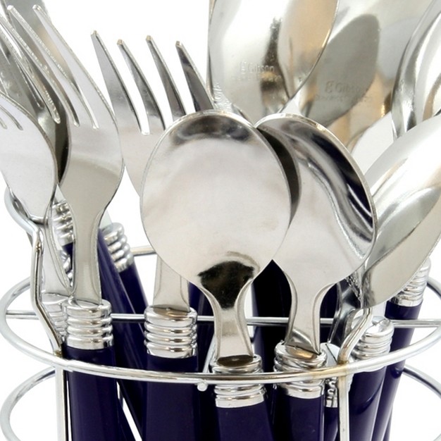 Gibson Sensations Ii 16 Piece Stainless Steel Flatware Set With Cobalt Handles And Chrome Caddy