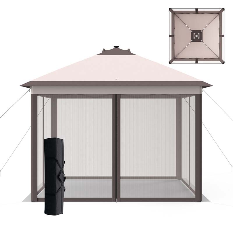 11 x 11 FT Pop-Up Gazebo Tent Portable Canopy Shelter with Carry Bag & Mesh Netting & LED Lights