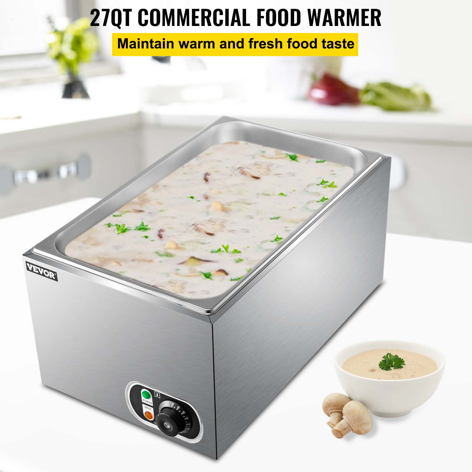 VEVORbrand Commercial Food Warmer， 27 qt Steam Table Warmer， Full Size Countertop Food Warmer， Stainless Steel Electric Steam Table， 1200W Buffet Food Warmer with Lid for Catering and Restaurant