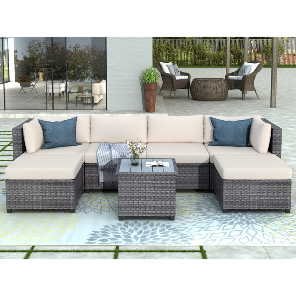 U_Style 7 Piece Rattan Sectional Seating Group wit...