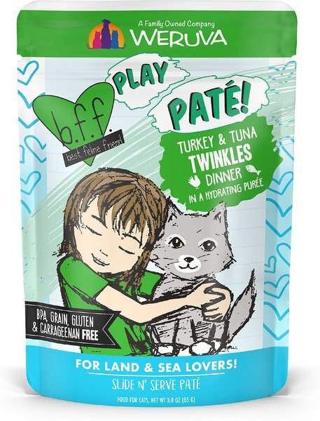 BFF Play Pate Lovers Turkey and Tuna Twinkles Wet Cat Food， 3-oz pouch， pack of 12