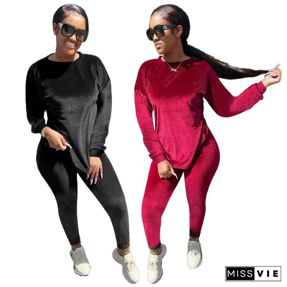 Velvet Tracksuits Long Sleeves T Shirt Pants Set