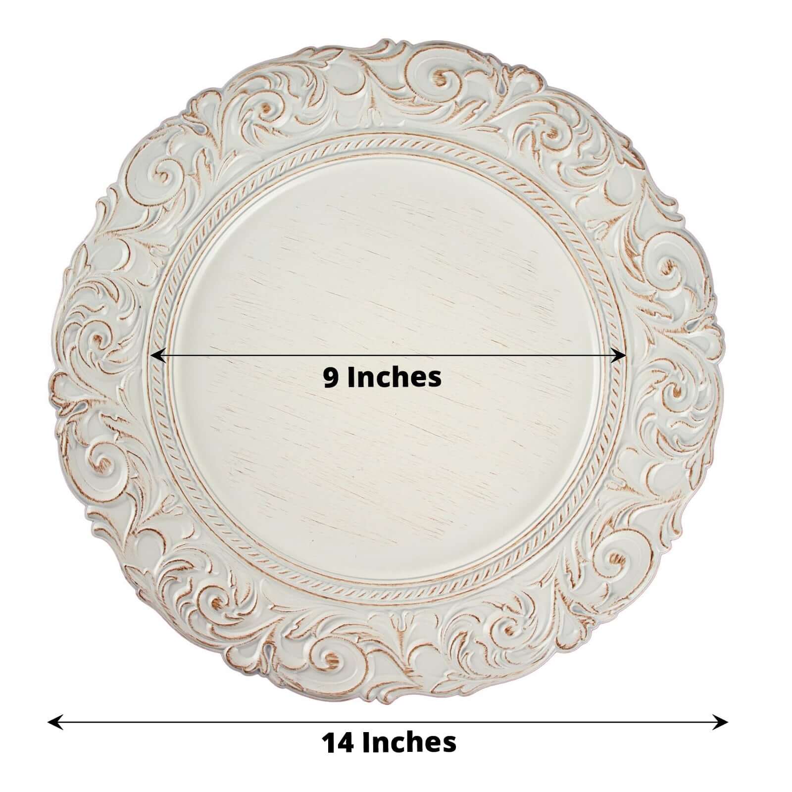 6 Pack Antique White Gold Vintage Acrylic Serving Plates With Engraved Baroque Rim, Round Disposable Charger Plates 14