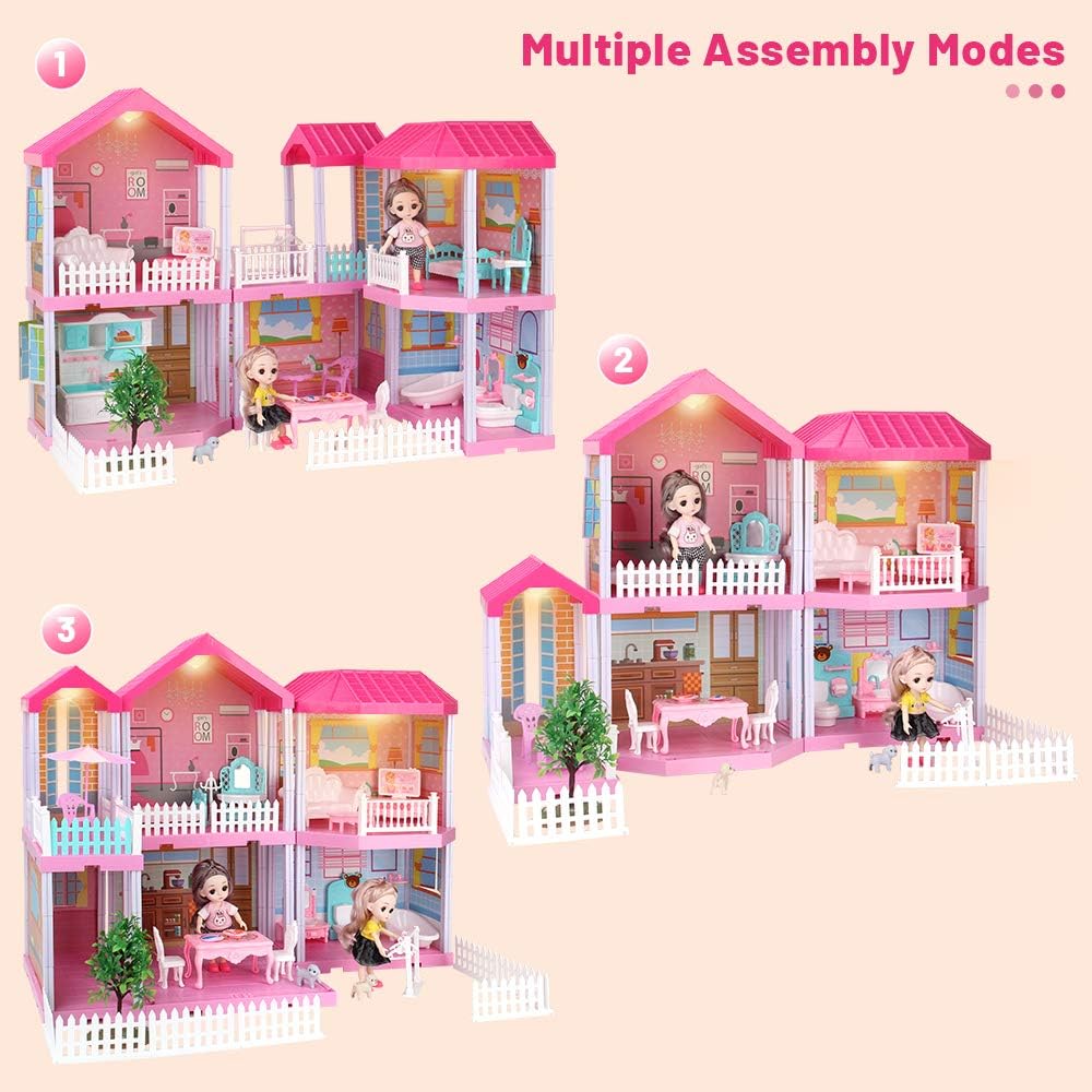 Elf Lab Dreamhouse Dollhouse Building Toys， Playset with Lights， Movable Slides， Stairs， Furniture， Accessories， Dolls， Pets， Cottage Pretend Doll House， DIY Creative Gift for Girls Toddlers(11 Rooms)