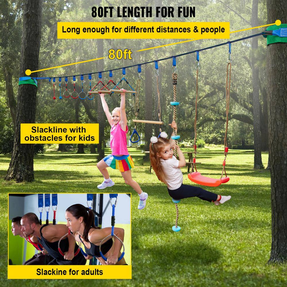 VEVOR Warrior Obstacle Course 80 ft. Slacker Zip Line Obstacle Course Climbing Rope for Kids Outdoor YDSS80FT250LB034XV0