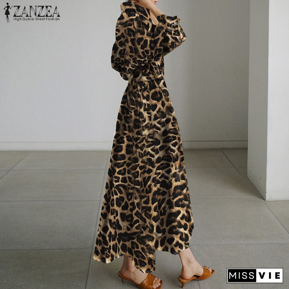 Women Bohemian Leopard Print Maxi Dress Elegant Full Sleeve Casual Swing Mid-Calf Length Sundress