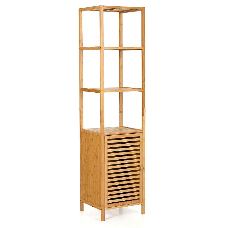 4 Tiers Slim Wicker Floor Storage Cabinet With Shutter Door And Anti-toppling Device-natural