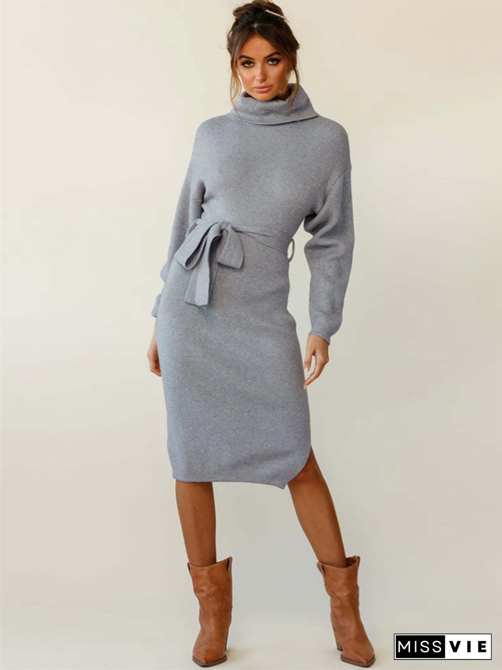 Solid color long sleeved knit turtleneck dress