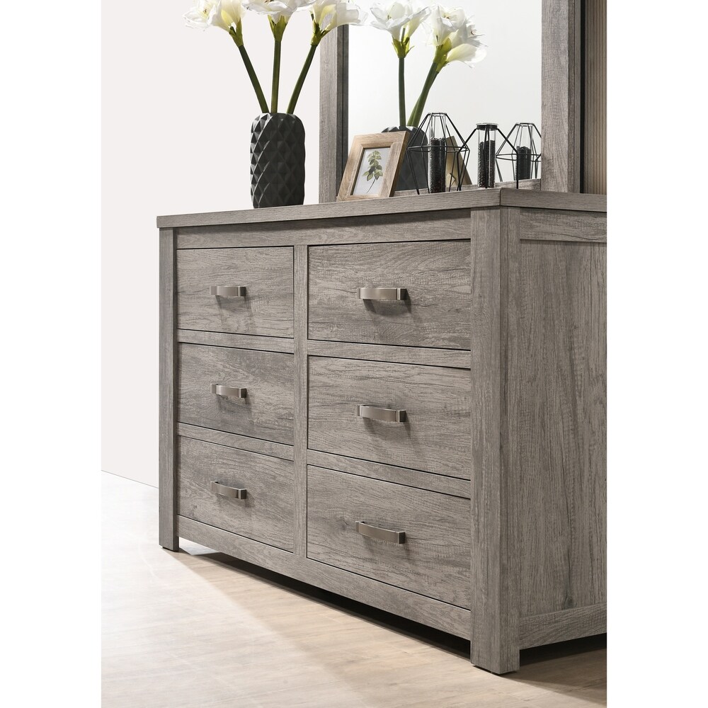 Roundhill Furniture Floren Contemporary Weathered Gray Wood Bedroom Set  Panel Bed  Dresser  Mirror  Nightstand