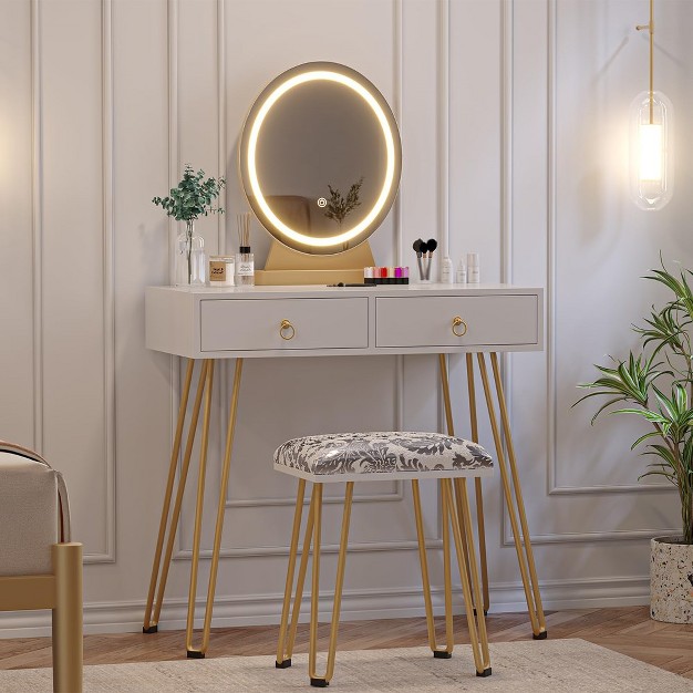 Vanity Desk Makeup Vanity Desk With Touch Light Mirror Stool And 2 Drawers White