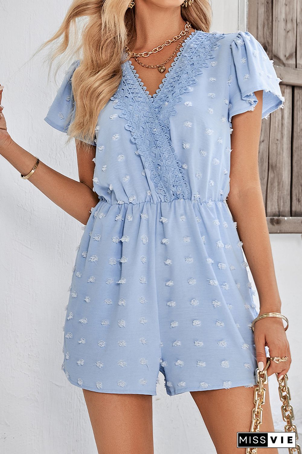 Texture Spot V Neck Crochet Lace Edge Rompers