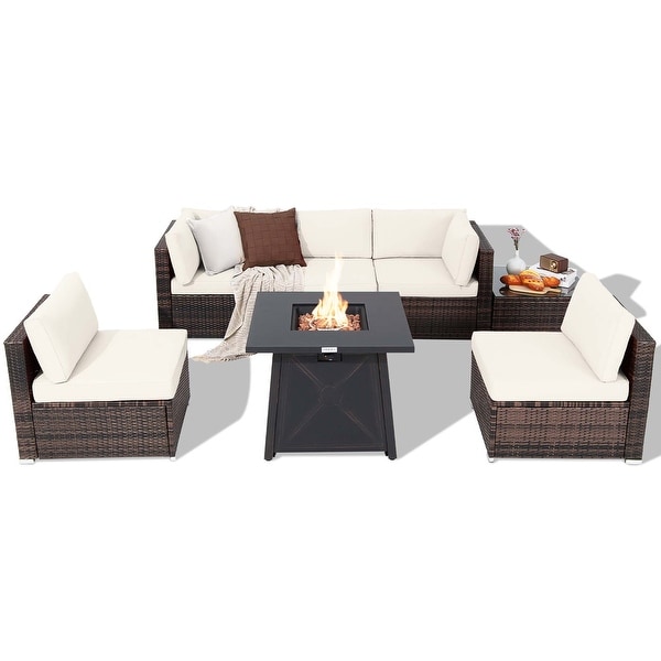 7PCS Patio Conversation Set Furniture Set w /50，000 BTU Fire Pit Table