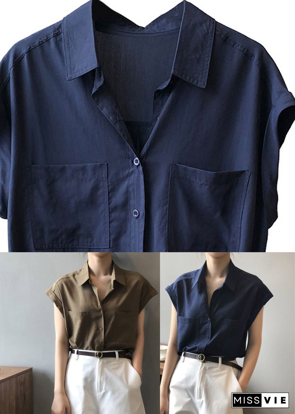 Coffee Button Solid Loose Shirts Short Sleeve