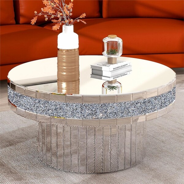 Round Coffee Table Mirrored Crushed Diamond Accent Living Room Table - 35