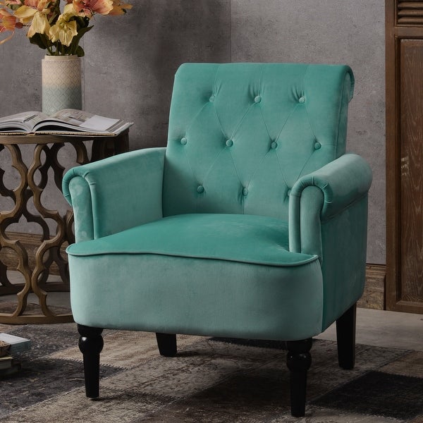 Elegant Button Tufted Accent Chair with Roll Arms and Wooden Legs Velvet Upholstered Arm Club Leisure Chair for Living Room