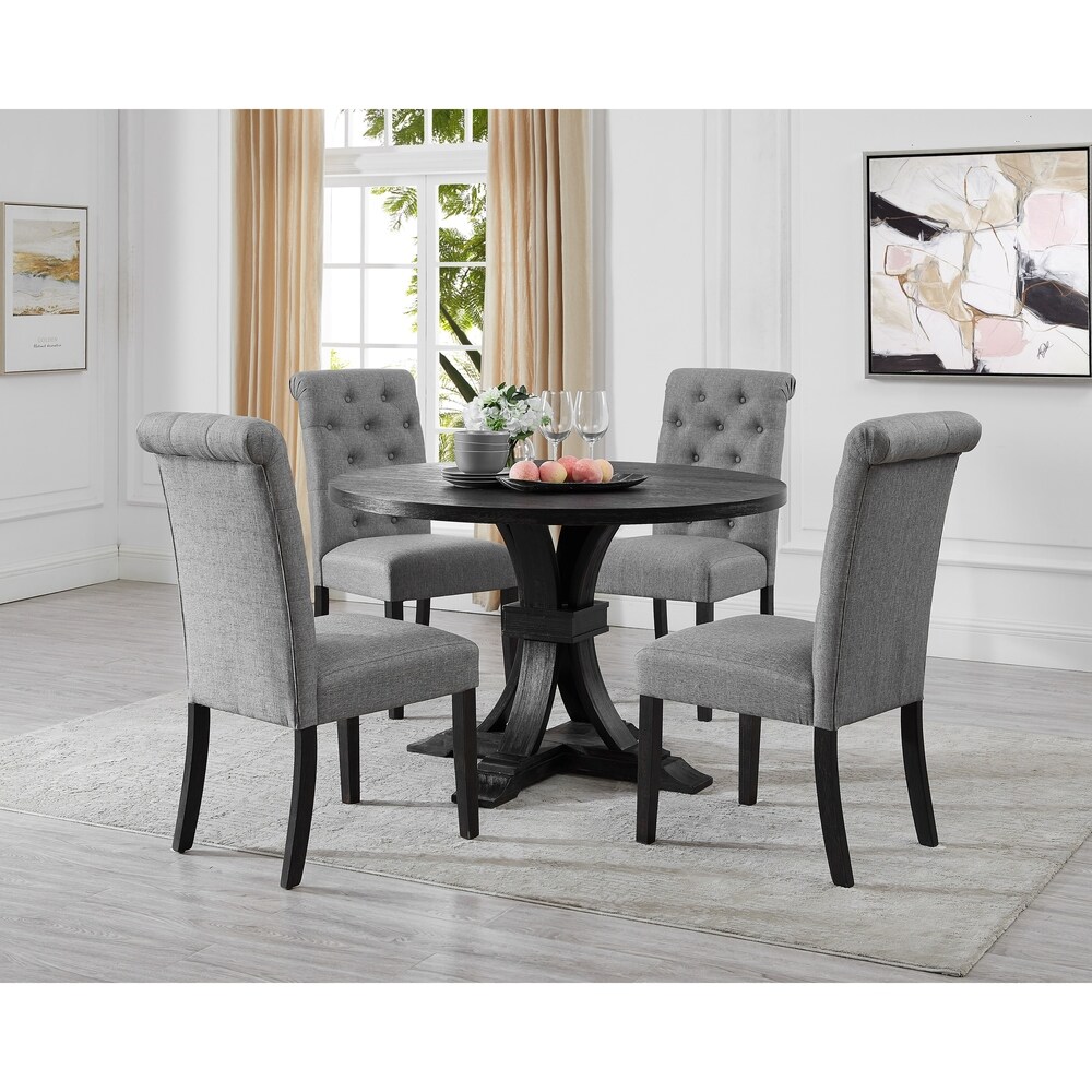 Roundhill Furniture Siena Distressed Black Finish 5 Piece Dining set  Pedestal Round Table with 4 Chairs