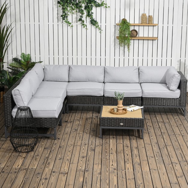 Outsunny 7 Piece Outdoor Patio Furniture Set Pe Rattan Wicker Sectional Sofa Set W Couch Cushions Aluminum Frame amp Composite Table Light Gray