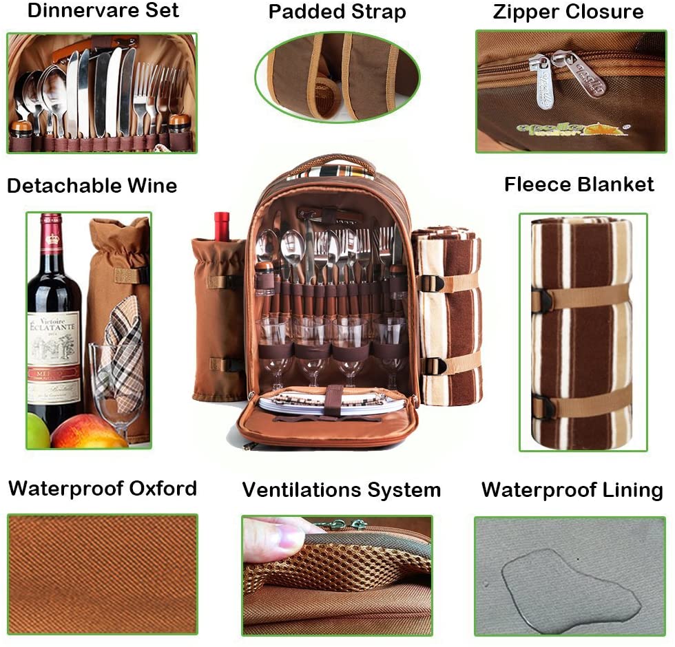 Picnic Backpack w/ Cooler Compartment Wine Holder Blanket Plates Utensils Cups