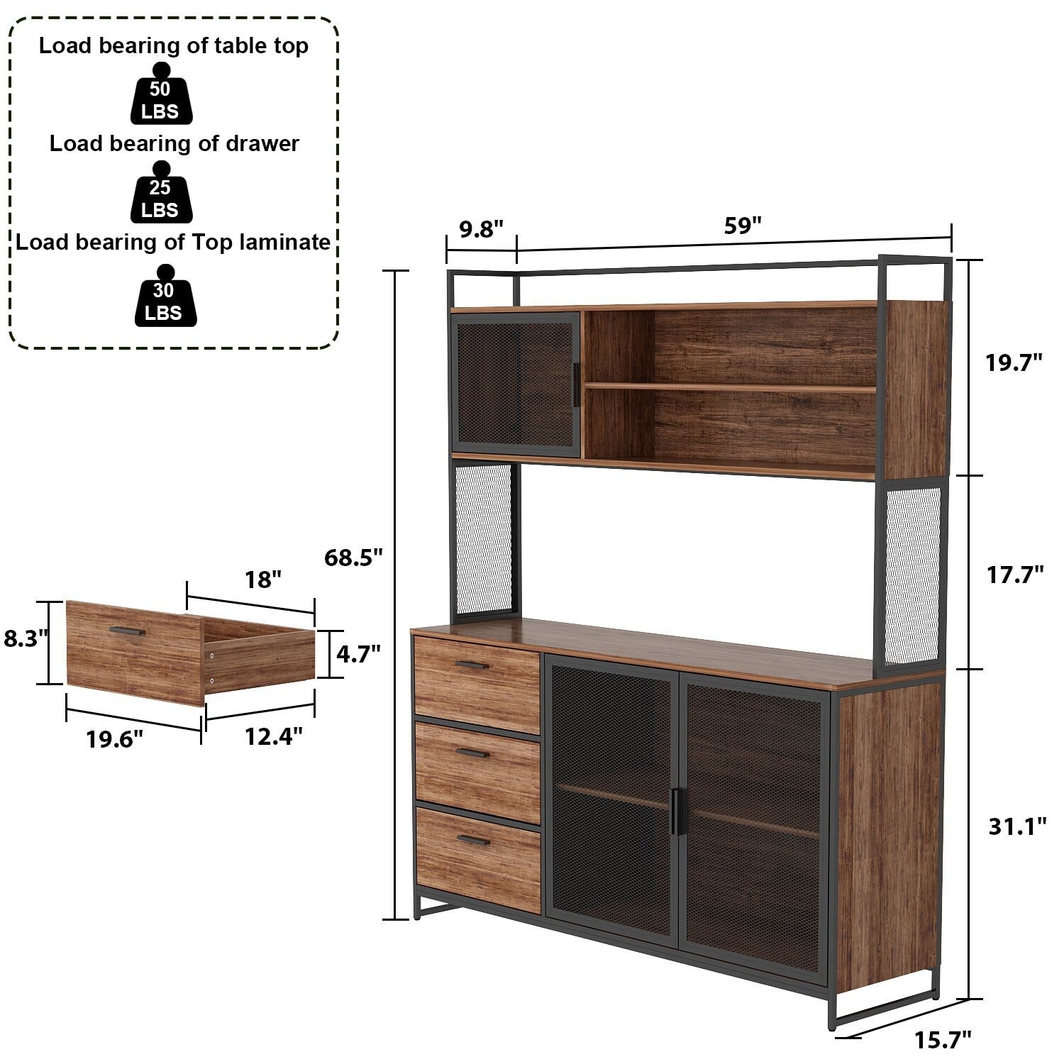 TQ 59W 68.5H Kitchen Pantry Microwave Storage Cabinet Buffet with Hutch Oak